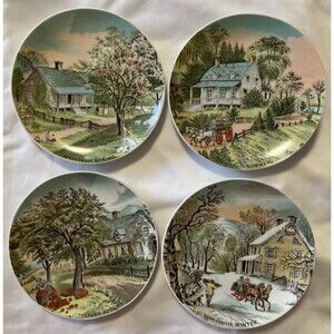 Currier and Ives Set Of 4 Seasons Plates Decorative Wall Plates 6.5 Inch Vintage